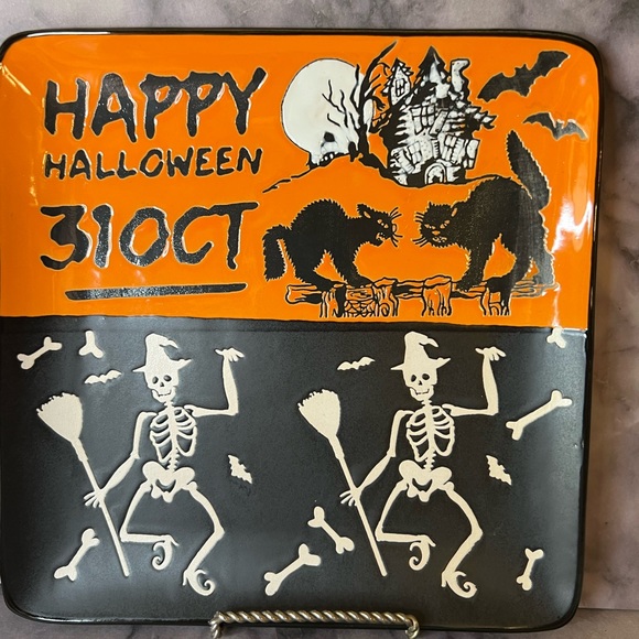 Happy Halloween Square Salad Plate Dancing Witch Skeletons Cats Oct 31 Bones - Picture 2 of 8